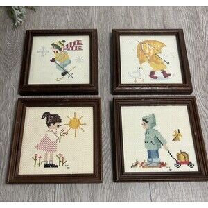 Set Of 4 Vintage Framed Cross Stitch Completed 4 Seasons For Nursery Kids Room